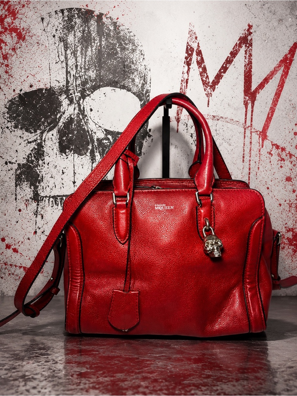 Alexander McQueen Red Pebbled Leather Skull Padlock Satchel Crossbody